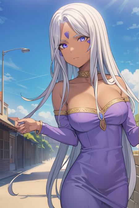 goddessurd, <lora:goddess urd s2-lora-nochekaiser:1>, 
goddess urd, long hair, (purple eyes:1.1), white hair, dark skin, dark-skinned female, facial mark, forehead mark,
BREAK cleavage, bare shoulders, jewelry, choker, off shoulder, bracelet, dress, purple dress,
BREAK outdoor, city, sky, sun, clouds,
BREAK looking at viewer, (cowboy shot:1.5),
BREAK <lyco:GoodHands-beta2:1>, (masterpiece:1.2), best quality, high resolution, unity 8k wallpaper, (illustration:0.8), (beautiful detailed eyes:1.6), extremely detailed face, perfect lighting, extremely detailed CG, (perfect hands, perfect anatomy),