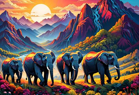 Vibrant and dynamic illustrations and vectors, bursting with color and life, offer viewers a visual feast for the eyes.. a group of elephants standing in front of a mountain, dan mumford. maya render, photorealist, sunshine lighting high mountains, paisley, journey, elephants. These high-quality images are a celebration of creativity and artistry, showcasing the talent and skill of the artist behind them.