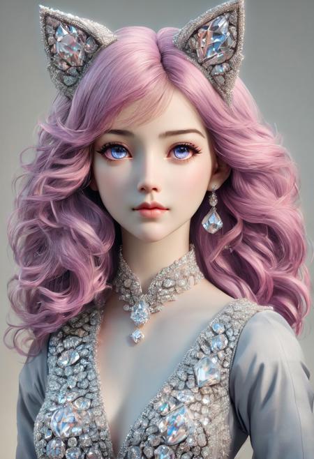 3DMM, (((beautiful, high quality))), score_9, score_8_up, score_7_up, masterpiece, best quality, unrealistically high details, extremely high quality, ultra high detail, good anatomy, rating_explicit, perfect anatomy, anatomically correct hands:1.5, Detailed, ((detailed background)), perfect eyes, amazing background, BREAK, Goth girl, (((1girl))) made of diamond, 40 years old, gorgeous girl, cute face, cute girl, shy, blush, perfect perky tits, high res, crisp lines, sexy proportions, realistic, pink hair, long hair, wavy hair, long wavy hair, pink wavy hair, blue eyes, sapphire eyes, animal ears, pale skin, petite, athletic, BREAK, scenery(city, skyline, vibrant life, crowded street), wide shot, arrogant, aloof, playful, happy, smirk, long dress, fancy dress, purple dress, dress made of diamond, diamondMW, countless diamonds