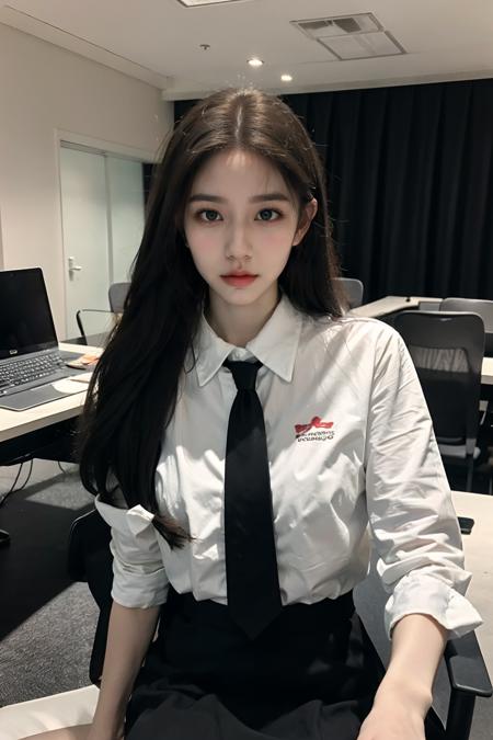 (masterpiece:1.2), (best quality:1.2),realistic, photorealistic,HDR,UHD,8K,Highly detailed,8k,cinematic_lighting,reality_ray_tracing,1girl,long hair, black hair, medium breasts, collared shirt,pencil skirt, black pantyhose, legs,potted plant,sitting, office chair,office, looking at viewer,  <lora:zzmv:0.8>