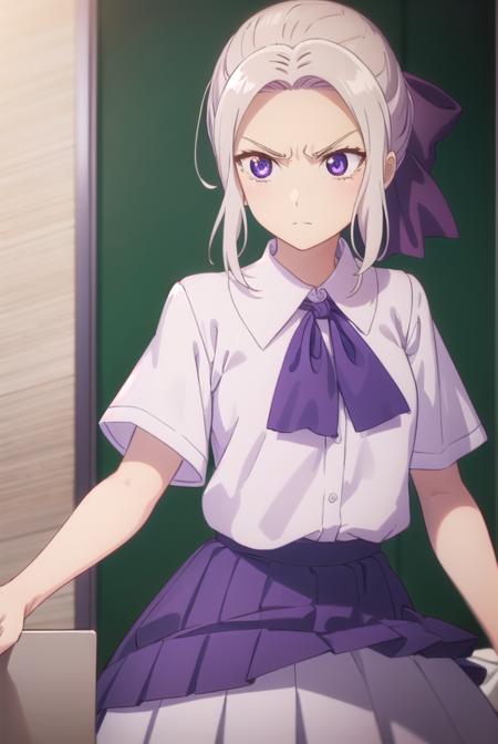 shinokiryuu, <lora:shino kiryuu s2-lora-nochekaiser:1>,
shino kiryuu, (purple eyes:1.1), white hair, hair bow, purple ribbon, frown, angry, (flat chest:1.2),
BREAK skirt, shirt, bow, school uniform, white shirt, short sleeves, pleated skirt, bowtie, blue skirt, 
BREAK indoors, classroom,
BREAK looking at viewer, (cowboy shot:1.5),
BREAK <lyco:GoodHands-beta2:1>, (masterpiece:1.2), best quality, high resolution, unity 8k wallpaper, (illustration:0.8), (beautiful detailed eyes:1.6), extremely detailed face, perfect lighting, extremely detailed CG, (perfect hands, perfect anatomy),