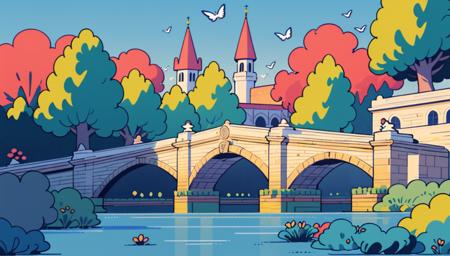 (illustration:1.0), masterpiece, best quality,Otherworldly,sky, 1 huge huge tall blue carpets trees, blue carpets  flowers, trees, grass, flowers, hundreds of flowers, colourful flowers, boats,butterflies, town, bridge, city, architecture, air, swans,sky, magic, game CG, Ghibli style, stone bridge, birds <lora:tuyafengge_20230707170048:0.6>