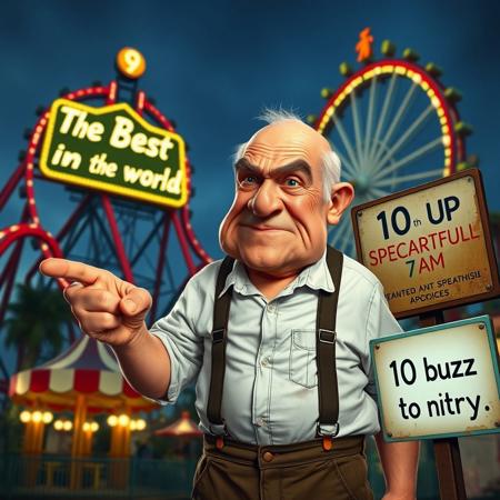 score_9, score_8_up, score_7_up, a amusement park, a giant beautiful spectacular roller coster with a large sign with lights with te text "The Best in the world", 
An elderly man with a wrinkled, semi-bald face with a grimace, squinting eyes, wearing suspenders, shorts, and a dirty white shirt, pointing at a sign with the text "10 buzz to entry"