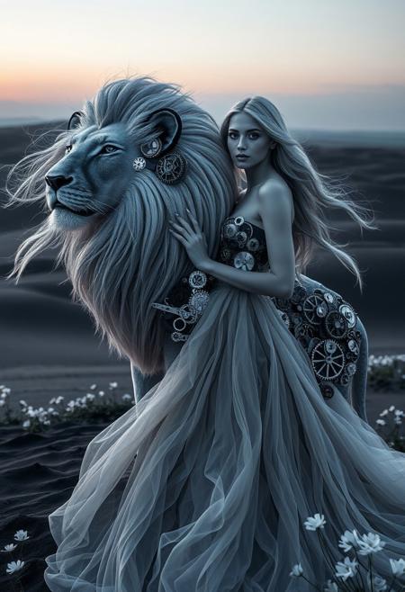 (Soft Lighting Photography by Mimoza Veliu and Mario Giacomelli:1.2), NSFW, (Soft Lighting Photography by Mimoza Veliu and Mario Giacomelli:1.2), NSFW,  　　A beautiful woman with flowing silver hair and piercing violet eyes stands gracefully beside her companion, a majestic lion crafted from a mesmerizing interplay of black and white clockwork. The lion, a marvel of contrasting mechanical artistry, stands tall and proud, its mane a cascade of alternating black and white gears and intricate cogs, its body radiating a soft, ethereal glow. The woman, radiating grace and elegance, wears a flowing gown of swirling black and white that blends seamlessly with the ethereal landscape. 
The scene is set against a backdrop of a timeless realm where magic and technology intertwine, bathed in the soft glow of a twilight where black and white blend seamlessly.  Rolling hills of black sand stretch out towards a horizon veiled in a soft, white mist. Black and white flowers bloom at their feet, their petals shimmering with a gentle luminescence. This image captures the ethereal beauty and harmonious unity of contrasting forces, a testament to the enduring power of companionship and the enchanting mystery of their shared guardianship over a realm of balance and duality. , sexy