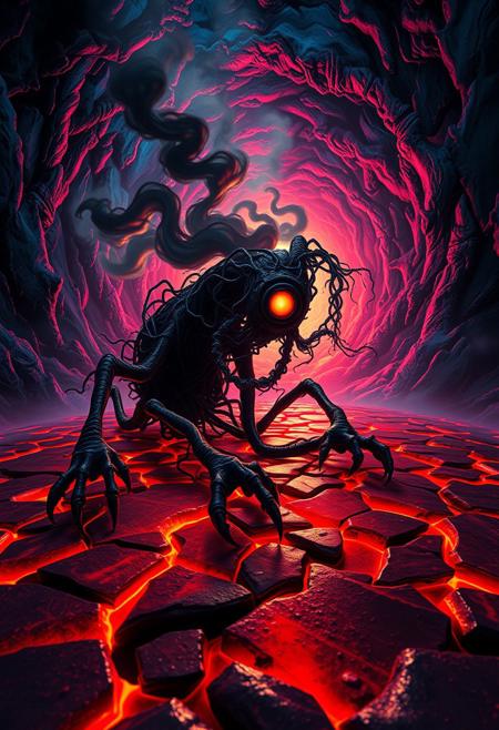 twisted, elongated creature with sharp, sinewy limbs and clawed hands crawling across a glowing, fractured red and black ground, its body made of intricate, web-like tendrils resembling tangled roots; the creature's shadowy face features a glowing, singular circular eye that pulses faintly with light, surrounded by flowing dark masses resembling smoke or hair. The background swirls with chaotic fractal patterns in deep blues, purples, and fiery reds, resembling a warped, nightmarish tunnel. The scene is lit with harsh, neon-like lighting, casting sharp contrasts and reflections on the creature’s body and the jagged surface beneath, with an otherworldly glow emanating from the tunnel's fiery center. High contrast, sharp details, and eerie, swirling textures dominate the surreal composition.