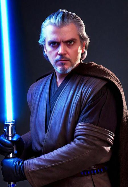 hyperdetailed Photography, Cinematic, (full body picture:1.3), hi resolution, photorealistic, caucasian Man, Mid-30s, short darkbrown hair with some gray hair, darkbrown short boxed beard, darkbrown eyes, Star wars style, Anakin Skywalker, (holding a blue lightsaber)