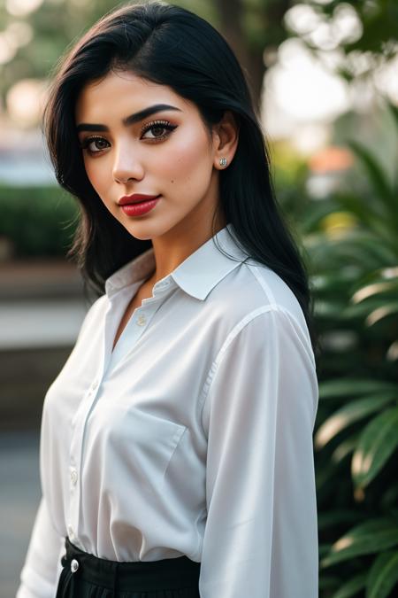 photo of (EPC4r04zm1:0.99), closeup portrait, perfect hair, (modern photo, Button-up shirt), 24mm, (analog, cinematic, film grain:1.3), ((exhibition halls, polycarbonate panels,asphalt,travertine stone, outdoor fireplace,glow-in-the-dark plants, gas lanterns (outdoor), gradient:1.1)), ((detailed eyes)), ((eyeliner, long lashes)), (epicPhoto), long eyelashes, (perfect waist), (painted lips)