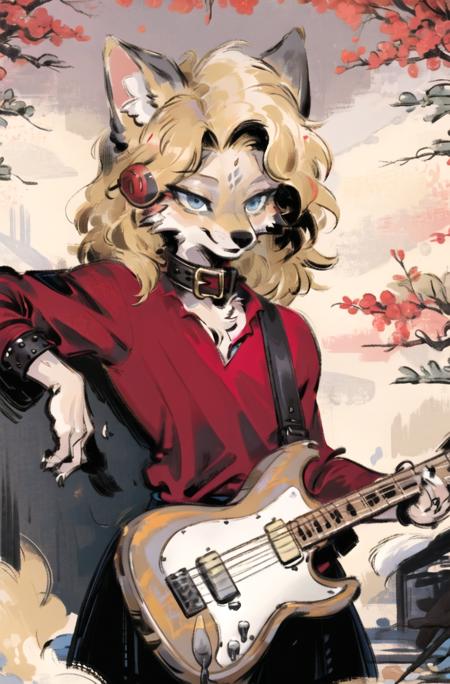 (furry  girl:1.3),(kid:1.3),wolf ears,blonde,grey fur,blue eyes,high detail eyes,solo,
(red shirt:1.2),black skirt,punk collar,ink art,guitar
masterpieceï¼<lora:æé¨ä¼å:1>  <lora:inkwork-0.8:0.8>  <lora:Hyilpi_style:0.3>