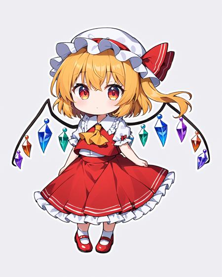 flandre scarlet,1girl, mob_cap, wings, solo, red_vest, laevatein_\(touhou\), white_shirt, red_skirt, red_ribbon, hat_ribbon, puffy_short_sleeves, chibi, white_background, yellow_ascot, white_headwear, crystal, frilled_sleeves, one_side_up, frilled_shirt_collar, simple_background, red_footwear, skirt_set, frilled_skirt, collared_shirt, full_body, mary_janes, bow
<lora:flandre_scarlet_image12338_2023-12-11-000005:1>,star-shaped_pupils,symbol-shaped_pupils,. gorgeous,key visual, vibrant, studio anime,award-winning, professional, highly detailed,high budget, cinemascope