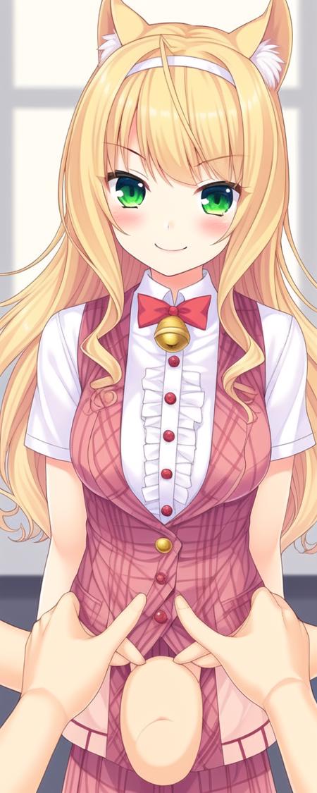 <lora:feng:0.4> feng-sd,1girl, animal ears, long hair, green eyes, blonde hair, cat ears, bell, blush, jingle bell, looking at viewer, neck bell, bow, plaid, short sleeves, hairband, bowtie, smile, v-shaped eyebrows, center frills, frills, shirt, solo focus, vest, white shirt, breasts