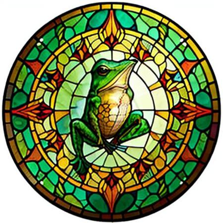 frog in the swap <lora:sglass:0.8> stained sglass style circle