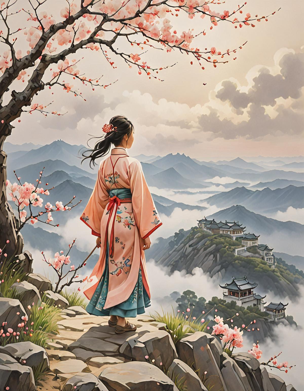 A girl in a kimono standing on a rocky hill with cherry blossoms in the background.