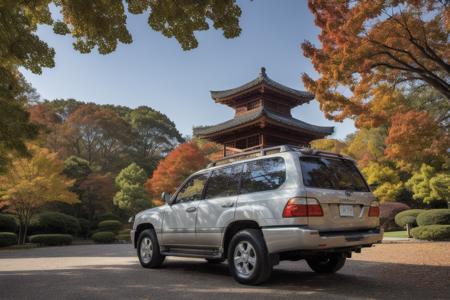 LANDCRUISER , parked in front of a japanese pagoda, fall weather, ultra wide angle, masterpiece, award winning, sunset, beautifully detailed fall foliage, cinematic lighting, style-autumn:1.0, sharp focus, smooth, intricate details, 8k wallpaper, trending on artstation     <lora:LANDCRUISER:0.8>