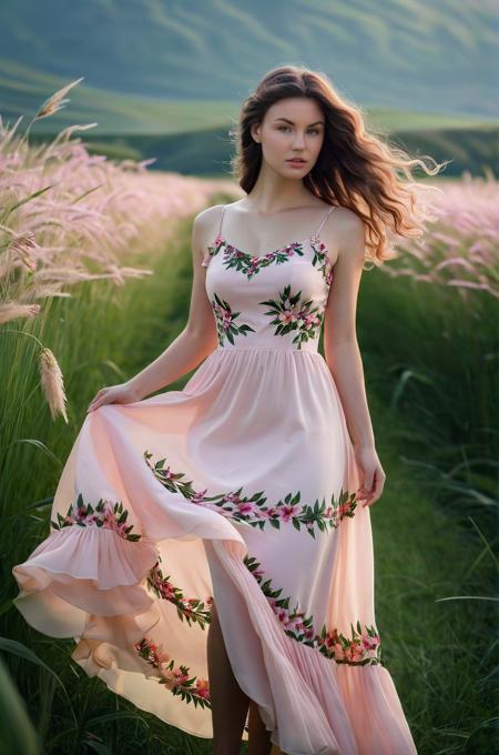 cinematic photo <lora:Susann_SDXL_v1.0-000004:1> 
(masterpiece, best quality, high quality, highres, ultra-detailed),
The ohwx woman poses in a field of tall grass, wearing a flowing, pale pink Tea-length floral print A-line dress	with Spaghetti	Scoop	Chiffon	Ruffle hem, with a soft, natural light filtering through the blades to create a delicate, ethereal atmosphere, shot on Canon EOS R5, lens: 50mm, focal length: 50mm, ISO: 200, by a world-acclaimed photographer known for their ability to capture the subtle nuances and expressions of their subjects . 35mm photograph, film, bokeh, professional, 4k, highly detailed