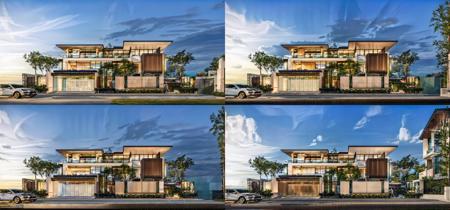 MODERN HOUSE ON THE STREET, MANY GREEN TREES ON THE BALCONY, WOODEN CEILING, HIGH TO THE CEILING GLASS DOORS, WHITE WALLS, GRAY STONE WALLS.