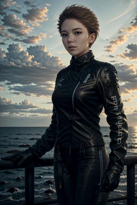 FragileDS, 1girl, solo, gloves, brown hair, short hair, sky, cloud, jacket, railing, outdoors, black gloves, bird, realistic, ocean, cowboy shot, sunset, standing, very short hair, cloudy sky, black jacket, leather, pants, zipper, looking at viewer, long sleeves
masterpiece, best quality,
<lora:epi_noiseoffset2:1>,   <lora:FragileDS:0.7>