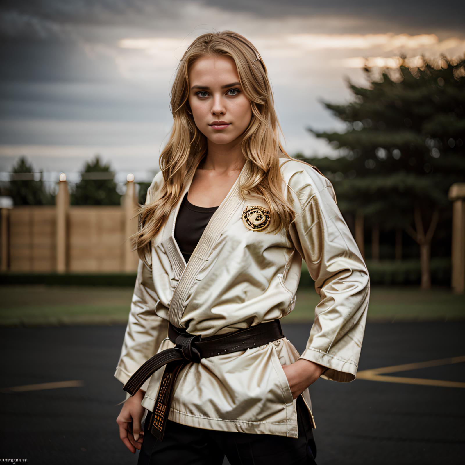 A beautiful woman wearing a gold karate uniform standing in a parking lot.