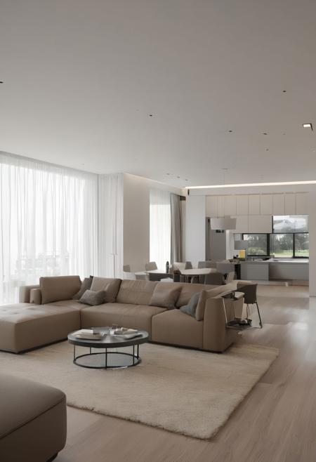 Architectural style  <lora:JJsModernStyle_XL:1>, ((Modern Style))  ,((best quality)),((masterpiece)),((realistic)),  soft lighting, indoors, ceiling light, no humans, window, chair, table, , curtains, scenery, couch, floor, day light, high detail, . Clean lines, geometric shapes, minimalist, modern, architectural drawing, highly detailed