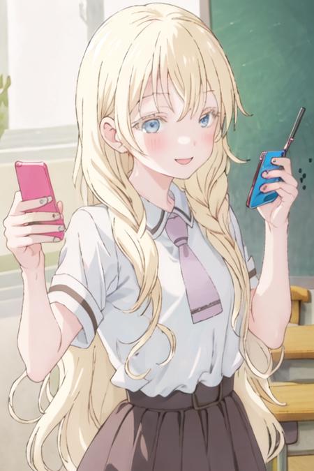 best quality, masterpiece, highres, solo, {olivia_asobiasobase:1.15}, blonde_hair, long_hair, blue_eyes, necktie, indoors, 1girl, shirt, white_shirt, cellphone, holding, holding_phone, phone, school_uniform, smile, blush, upper_body, colored_eyelashes, smartphone, bangs, short_sleeves, collared_shirt, closed_mouth, open_mouth