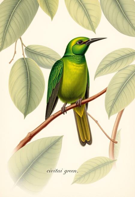 Audubon society drawing of an exotic bright iridescent green bird found deep in the amazon, bird is perched on a branch, various green leaves in the background, at the bottom of the print civitai green is written small in cursive script
