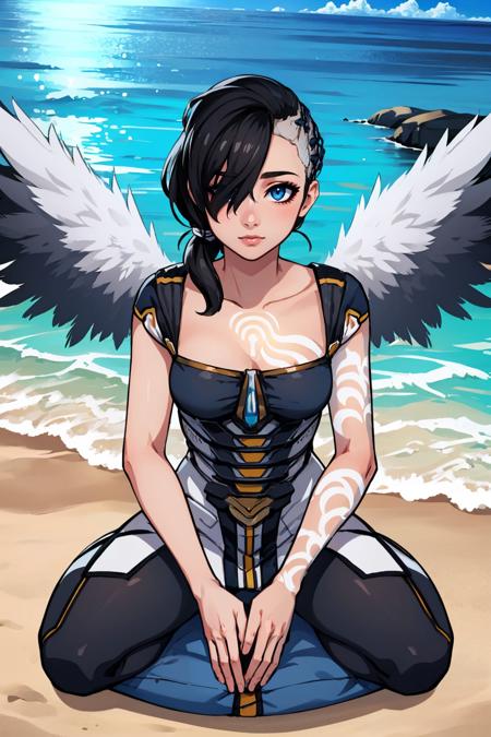 (masterpiece, best quality:1.2), 1girl, solo, <lora:angelbl:1>, angelbl, tattoo, medium breasts, asymmetrical hair, wings, bodysuit, looking at viewer outdoors, beach, seiza, from above, sitting,