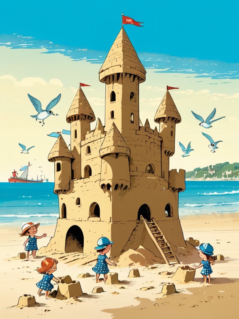 A delightful illustration of a group of small, cheerful creatures building a sandcastle on a sunny beach, with the sea gen...