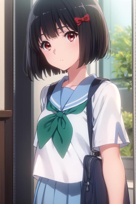 kanadehisaishi, <lora:kanade hisaishi movie-lora-nochekaiser:1>,
kanade hisaishi, short hair, bangs, black hair, (red eyes:1.3), bow, hair bow, red bow,
BREAK skirt, shirt, school uniform, white shirt, short sleeves, pleated skirt, serafuku, sailor collar, blue skirt, neckerchief, blue sailor collar, school bag, (green neckerchief:1.2), kitauji high school uniform,
BREAK indoors, classroom,
BREAK looking at viewer, (cowboy shot:1.5),
BREAK <lyco:GoodHands-beta2:1>, (masterpiece:1.2), best quality, high resolution, unity 8k wallpaper, (illustration:0.8), (beautiful detailed eyes:1.6), extremely detailed face, perfect lighting, extremely detailed CG, (perfect hands, perfect anatomy),