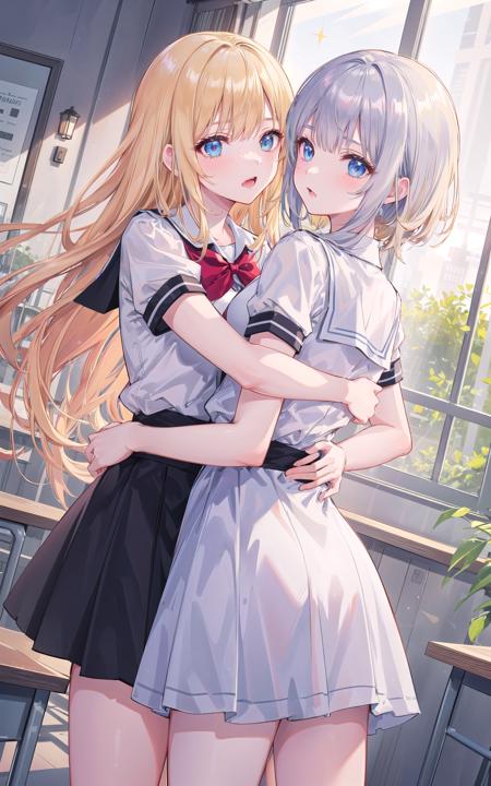 ((masterpiece:1.4, best quality))+, (ultra detailed)+,
(((extremely delicate and beautiful girls))), (((2girls))), (((hugging from back))), ((classroom)), [[aroused]], (((extremely detailed blonde hair))), (((extremely detailed silver hair))), school uniform, detailed cloth, (((cowboy shot))), ((both detailed faces)), highres, extremely detailed CG unity 8k wallpaper, game cg, absurdres, glitter, delicate composition, raytracing, HDR, shiny skin, ultimately-detailed, extremely beautiful eyes, (looking at each other), (((dutch angle))), [saliva],<lora:torinoAquaStyleLora_offset:0.5>