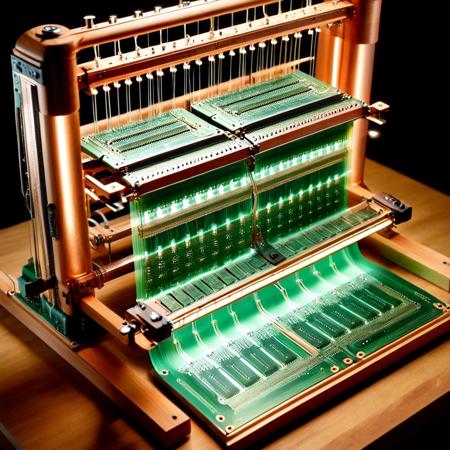 An ornate 19th-century Jacquard loom reimagined as a massive circuit-board weaving machine: the wooden frame becomes stacked translucent green PCB layers, warp and weft threads rendered as elegant copper traces, resistors and capacitors double as shuttle weights and bobbins, surface-mount ICs align like punch cards, tiny LEDs pulse along the pattern, hyper-realistic macro close-up, ultra-detailed, dramatic cinematic lighting, shallow depth of field, 8K resolution.