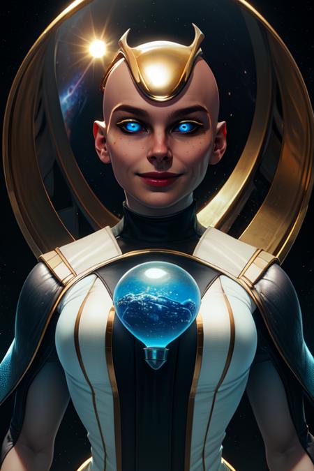 Kronika,solo,blue eyes,black sclera, bald,  gold cap, 
robes, 
standing, upper body,  smug, smile,         
abyss, giant hourglass,  milky way, 
(insanely detailed, beautiful detailed face, masterpiece, best quality) cinematic lighting,   <lora:Kronika:0.8>