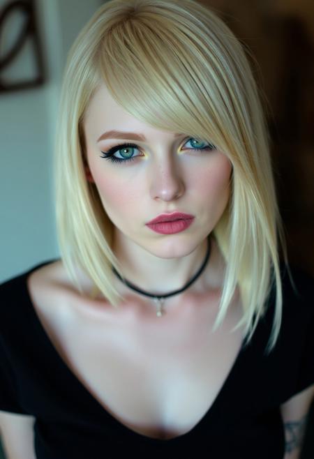 woman, blonde bobcut hair, parted half hair, green and blue eyes, eyeliner, gothic, wearing black t-shirt and black hotpants,