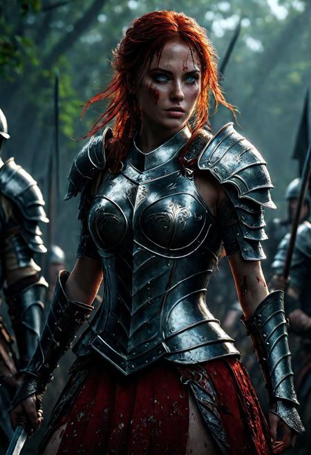 Ultra detailed digital art masterpiece Warrior girl dressed in a iron Armor and red mini skirt, Standing on a battlefield at the head of an army of knights, where a bloody slaughter is taking place, standing in battle pose, a dark epic fantasy, perfect lighting, beautiful Warrior girl, attractive woman, elegant, beautiful woman of athletic body,  shot of the whole Warrior girl, unreal engine 5 nanite quality, dark fantasy, dark environment, very stormy day, LOTR style, dark washed out eyeliner, no make up, natural bloody pale face, realistic blue eyes, ultra detailed atmospheric details, beautiful glowing effects, sparkle effects, realistic body proportions, beautiful face proportions, complex masterpiece, wavy red hair, creative glowing detailed tattoos, complex physics, enhanced colors, complimentary colors, ultra detailed raytracing reflections, Ultra detailed complex background, environment feels alive, direct eye contact, dramatic lighting, wet and sweaty skin, beautiful firm Breasts, Daylight, Concept art by Greg Rutkowski, adding to the intense and dynamic atmosphere of the scene.