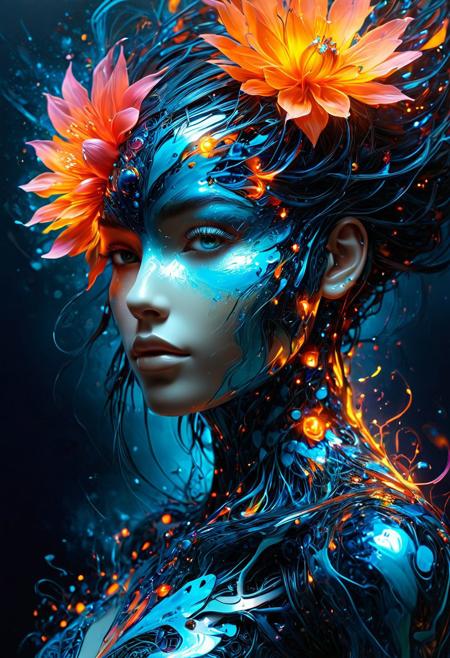 A 3D alcohol ink masterpiece portrays a woman encased within a vibrant and intricately designed flower, featuring flamed-like petals. The petals display a gradient of hues, transitioning from a deep red at the base to a fiery orange at the tips. As the petals part, her bare, sculpted form is revealed beneath. The flower's center emanates a radiant yellow, akin to a luminous sun. The artwork features an array of vivid, splashy colors that seamlessly blend together, encapsulating the mystique of this captivating yet slightly dark and mysterious figure. A subtle artist's signature, 'ai Jonas,' is located in the top right corner. The piece is an abstract graffitipunk portrait of a woman, with her right side enveloped by sleek, angular cybernetic implants that shimmer with a metallic blue hue. Her human aspect is characterized by expressive brushstrokes of neon pink, vibrant orange, and deep navy, evoking a sense of movement and energy. Her cybernetic eye emits a faint glow, casting shadows over her metallic visage, while her human eye sparkles with