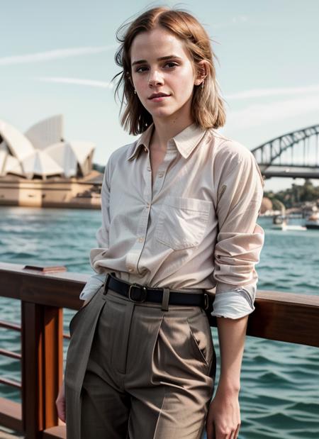 RAW portrait photo of  emma-watson-ti-v1, emma watson, natural lighting, cinematic, modelshoot, Button-down shirt and chinos, in Sydney, at the Sydney Opera House
8k uhd, dslr, high quality, film grain, Fujifilm XT3,, <lora:add_detail:0.7>