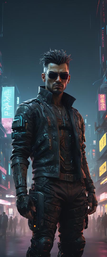 (cyberpunk style), 1man, full body shot, cyberpunk clothing, male focus, cyberpunk, cyberpunk background, (extremely detailed cyberpunk background), extremely detailed background, extremely detailed face, cyberpunk body modification, cyberpunk 2077 body modification, ((neon city background)), cyberpunk suit, robot, science fiction, solo, full body, wires and cables, sharp focus, natural lighting, cyberpunk reimagined, neon lights, action pose, colorful, bright colors, science fiction, a dystopian cyberpunk city, neon, cyberpunk 2077, (cyberpunk 2077 cityscape), art by Masamune Shirow,masterpiece, best quality, official art, extremely detailed CG unity 8k wallpaper, detailed background, best quality, expressive eyes, perfect face, perfect eyes, perfect anatomy, extremely detailed eyes and face, looking at viewer, detailed background, detailed clothes, cinematic lighting, beautiful 8k, masterpiece, best quality, high quality, hdr, photography by cosmicwonder, high definition, symmetrical face, volumetric lighting, 24mm, 4k, DSLR, high quality, ultra realistic,