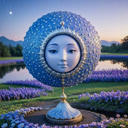 (designed by Yasutomo Oka:1.1) and (Sakimichan:1.3) , anime key visual, masterpiece, long shot of a Pastel Hateful Royal Blue and Silver Vintage (Celestial equator:1.3) , it is anthropomorphic with a face, it is made from Honeycomb, near Ornate lava pit, dense flower field and pond, at Dusk, soft focus, Happy, Cutepunk, Cold Lighting, 800mm lens, Kodak portra, Temari, multidimensional, trending on artstation, beautiful