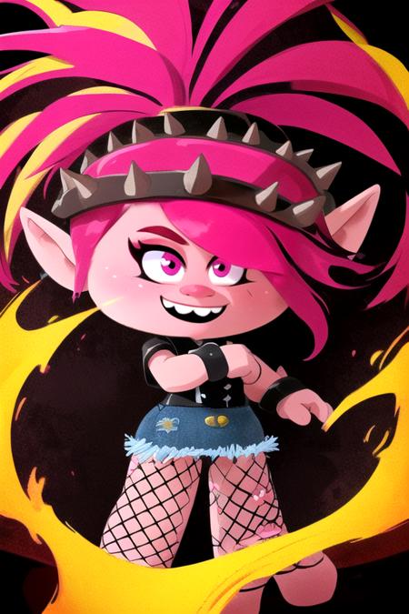 QueenPoppy, pink and black hair, ponytail, pink eyes,pointy ears, solo,  happy,  cowboy shot,  standing,  chibi, 
black shirt with skull, wild hair, ear pericing, black eyeshadow, headband with spikes,  fishnets,  jean skirt, 
flames, speakers,
  (insanely detailed, beautiful detailed face, masterpiece, best quality)   <lora:QueenPoppy-10:0.7>