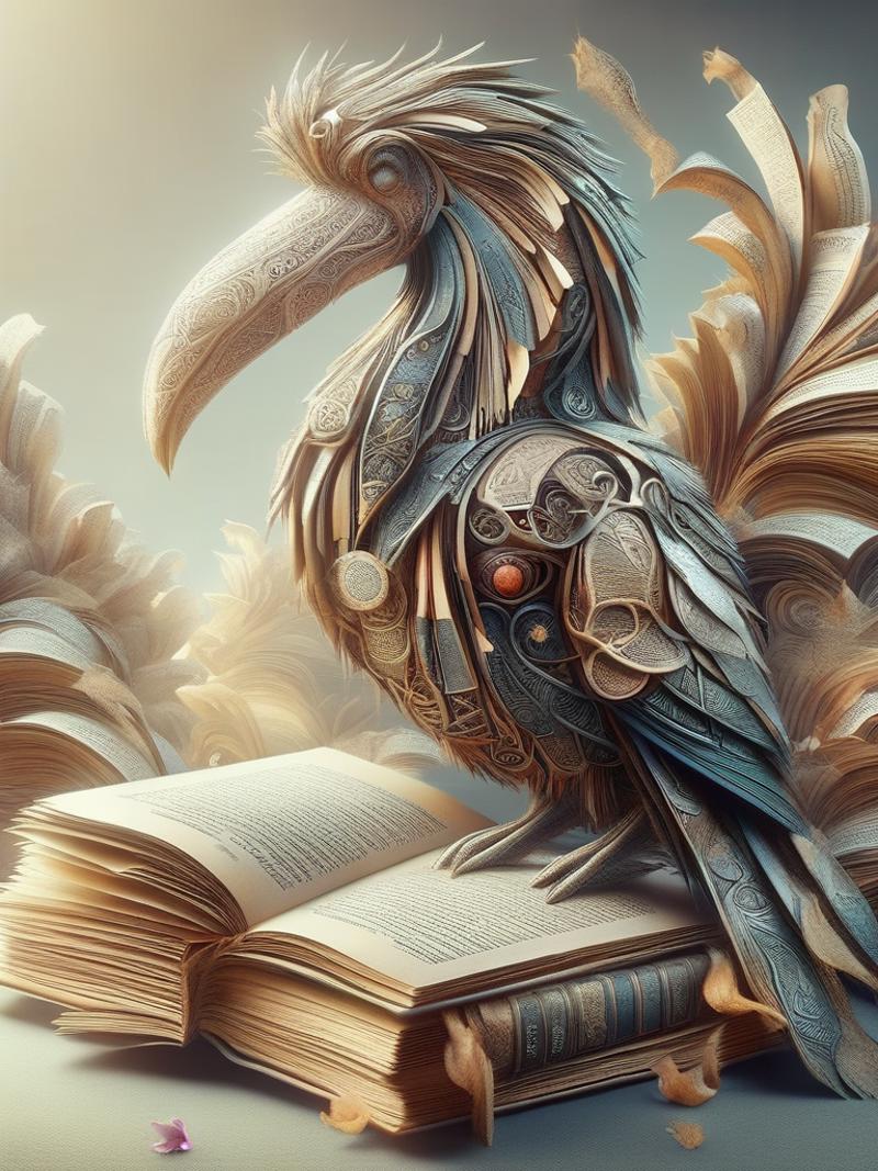 A colorful bird with a large beak stands on top of a book.