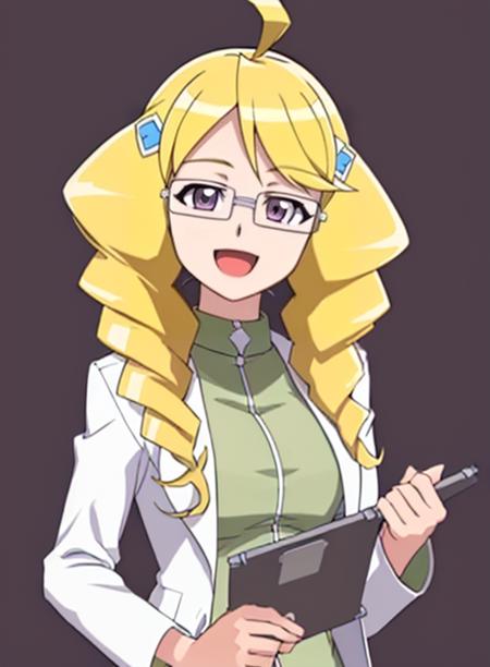 best quality, (masterpiece),(ultra-detailed), (high quality), (high resolution), <lora:tatsunoriasu:0.7> tatsuno riasu, ahoge, labcoat, solo, purple eyes, smile, blonde hair, open mouth, simple background, long hair, hair ornament, hairclip, clipboard, glasses, 1girl, drill hair