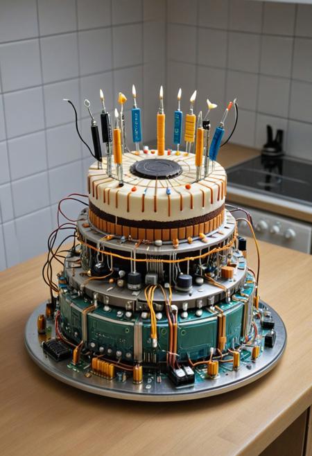 Birthday cake made of transistors, set on a kitchen counter top, decorated mechanically, cake focus, cake in full view, Transistors,