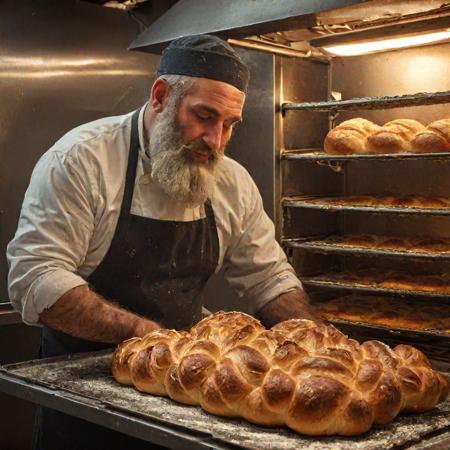 A Jewish guys bake beautiful challah in the oven in a bread bakery in the style of a digital paintingdigital painting stylel  painting style,highly detailed, vibrant, production cinematic character render, hyper-realistic high-quality model, HDR,3d, 8K, ultra high quality. Digital Art by AlPacifista