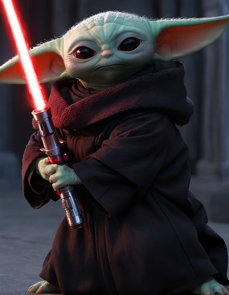 Grogu gripping a glowing red lightsaber. He is dressed in a sleek, dark outfit black robe, evoking the aura of a Sith warrior. <lora:grogu_realistic_xl_v1:0.8>