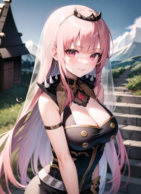 <lyco:calli1-000007:1.0>, callidef, upper body, smile, blush, outdoors, day, simple background, blue sky, sky, temple, looking at viewer, stairs, mountain, moody lighting, facing viewer,