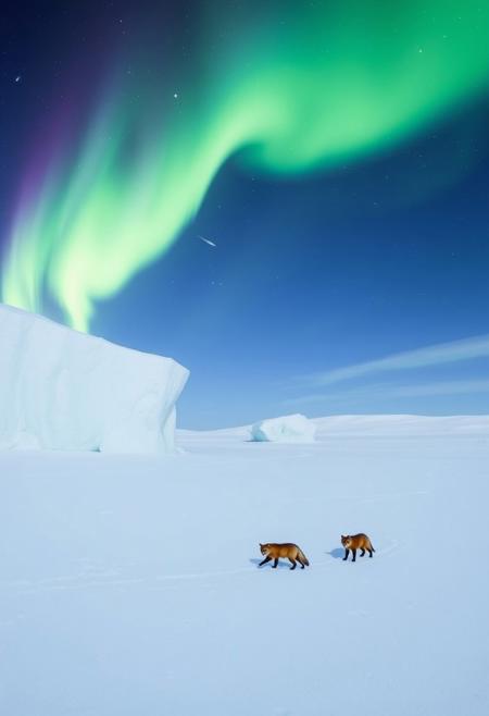 On the polar glacier, the azure icebergs reflect the aurora in the sky. Bands of green and purple lights dance in the night sky, with vast snowy expanses in the distance, dotted with a few leisurely walking Arctic foxes, creating a tranquil and mysterious scene.