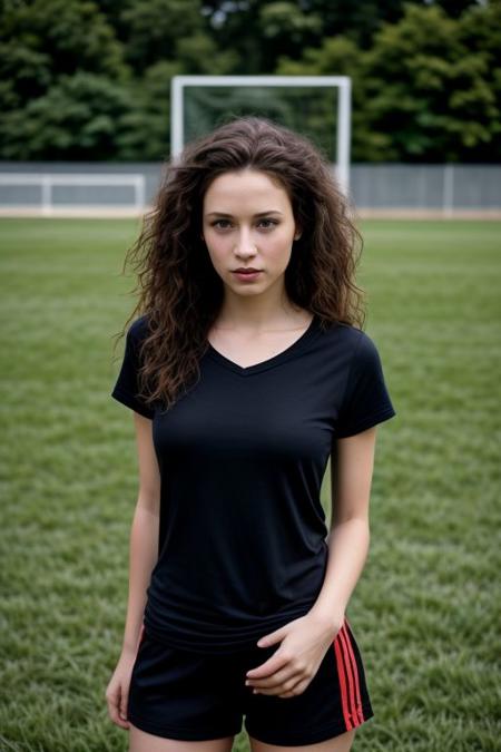 ((masterpiece, best quality)),(complex light), 1woman, soccer referee, blonde, long hair, curly hair, blue eyes, beautiful, attractive, seductive, spicy, red t-shirt with low neckline and very short, whistle, very short black pants, soccer field, grass