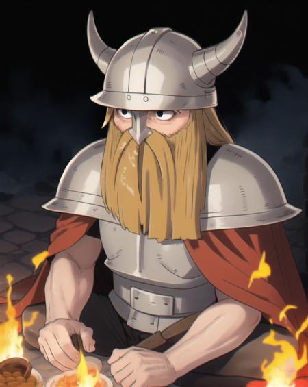 Eisen, horned helmet,  beard, solo,  1boy,  food, indian sitting,  armor, red cape, fire, closed mouth , detailed background 
<lora:frieren_EP01-04_lohad8_attn-mlp-step00040000:1>