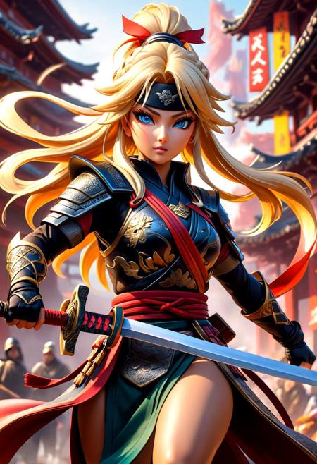masterpiece,HDR,trending on artstation,sharp focus,high contrast,8K,Hyper-detailed,intricate details,cinematic lighting,   <lora:add-detail-xl:1> perfect eyes, crystal clear eyes, nsfw, hyper maximalist , American theme, blonde hair, 
image presents a stylized  ninja, characterized by vibrant and abstract splashes of hot dogs and eagles. the main figure, the ninja, is depicted in a dynamic pose, holding a sword, which suggests action or combat. the background features bold and expressive brush strokes that create an energetic atmosphere. the colors used are vivid and varied, with multiple shades and hues creating a lively visual experience. overall, the style can be described as modern and artistic, with a strong emphasis on movement and energy.