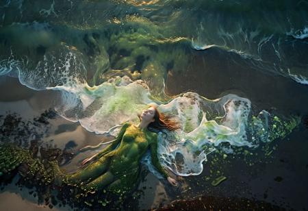 This captivating conceptual art piece presents a mesmerizing female figure laying on the shore of a secluded beach, the bioluminescent algae washing over her body in a breathtaking display of natural light. The woman's glowing skin draws the viewer's eye to the enchanting spectacle, while the waves further into the sea continue this dazzling theme. The night sky is adorned with twinkling stars, a full moon, and a solitary falling star, enhancing the magical atmosphere. The dark backdrop artfully accentuates the scene, creating a harmonious balance between the earthly and celestial elements., conceptual art