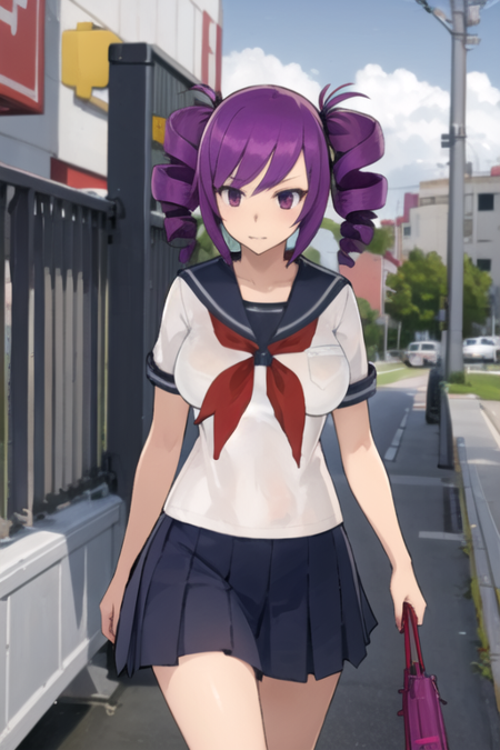 KokonaHaruka, 1girl, solo, pleated skirt, large breasts, shirt, twintails, school uniform, purple eyes, purple hair, serafuku, drill hair, twin drills