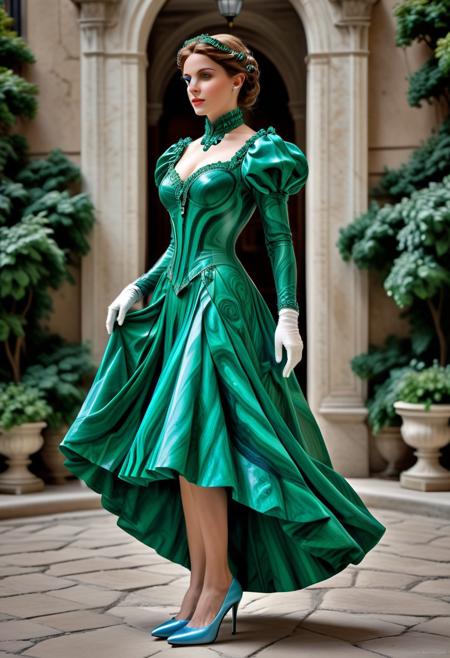 malachite_style, FOTOREALISTIC, night, beautiful lady, (Victorian  dress, light_blue details, light-blue decoration, elbow gloves, puffy sleeves), sun flag Argentina, light blue jewelry, high heels, background Buenos Aires by night, (outdoors:2), score_9, score_8_up, score_7_up, score_6_up, score_5_up, score_4_up, UHD, 8K, masterpiece, ultra-realistic, Ultra detailed photorealistic background, photoreal, realistic high detailed beautiful face, anatomic correct bodies, ultra_high_resolution, ancient parapet, Extremely Realistic, lots of detail, full_body_visible, add-detail-xl.